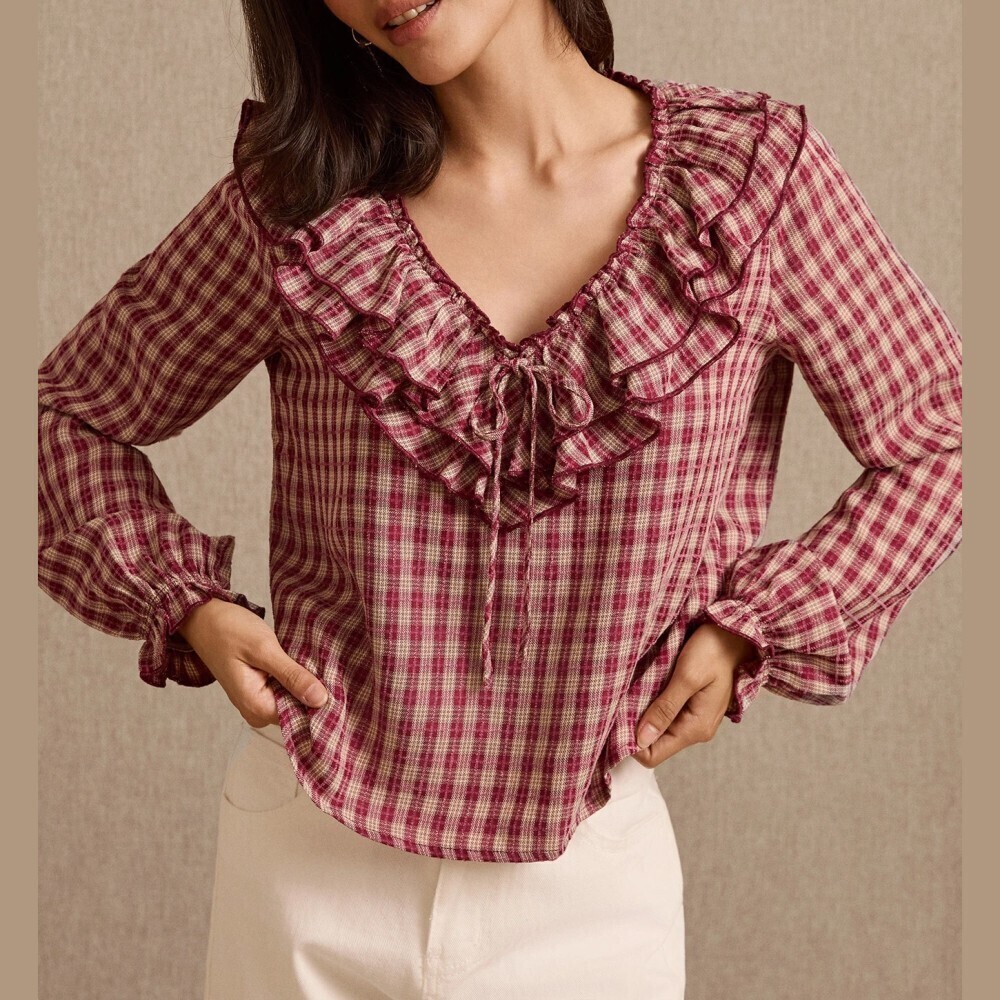 Burgundy Plaid Ruffled Tie Front V Long Sleeve Blouse